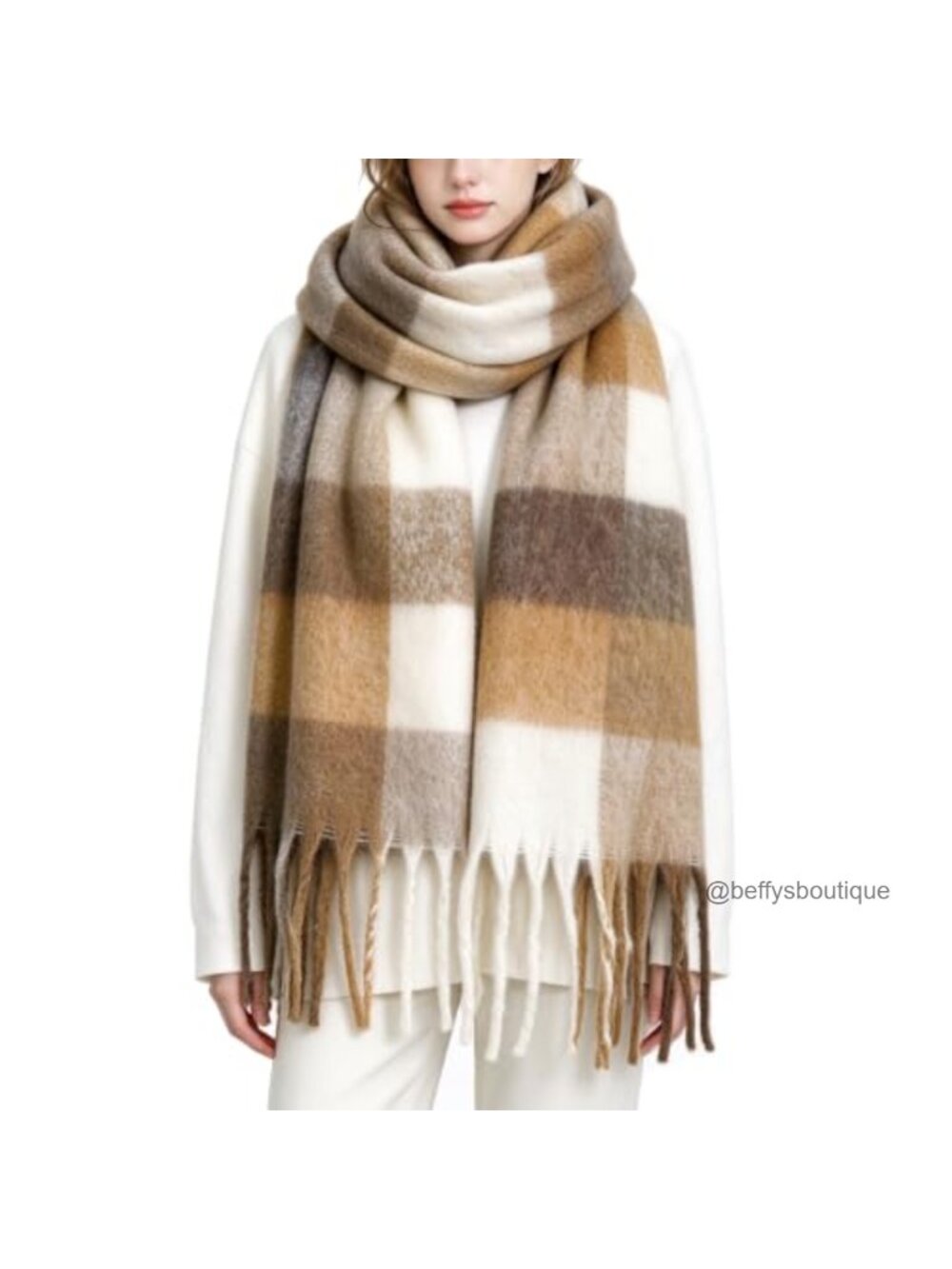 Oversized Chunky Plaid Blanket Scarf Tassel Trim Polyester